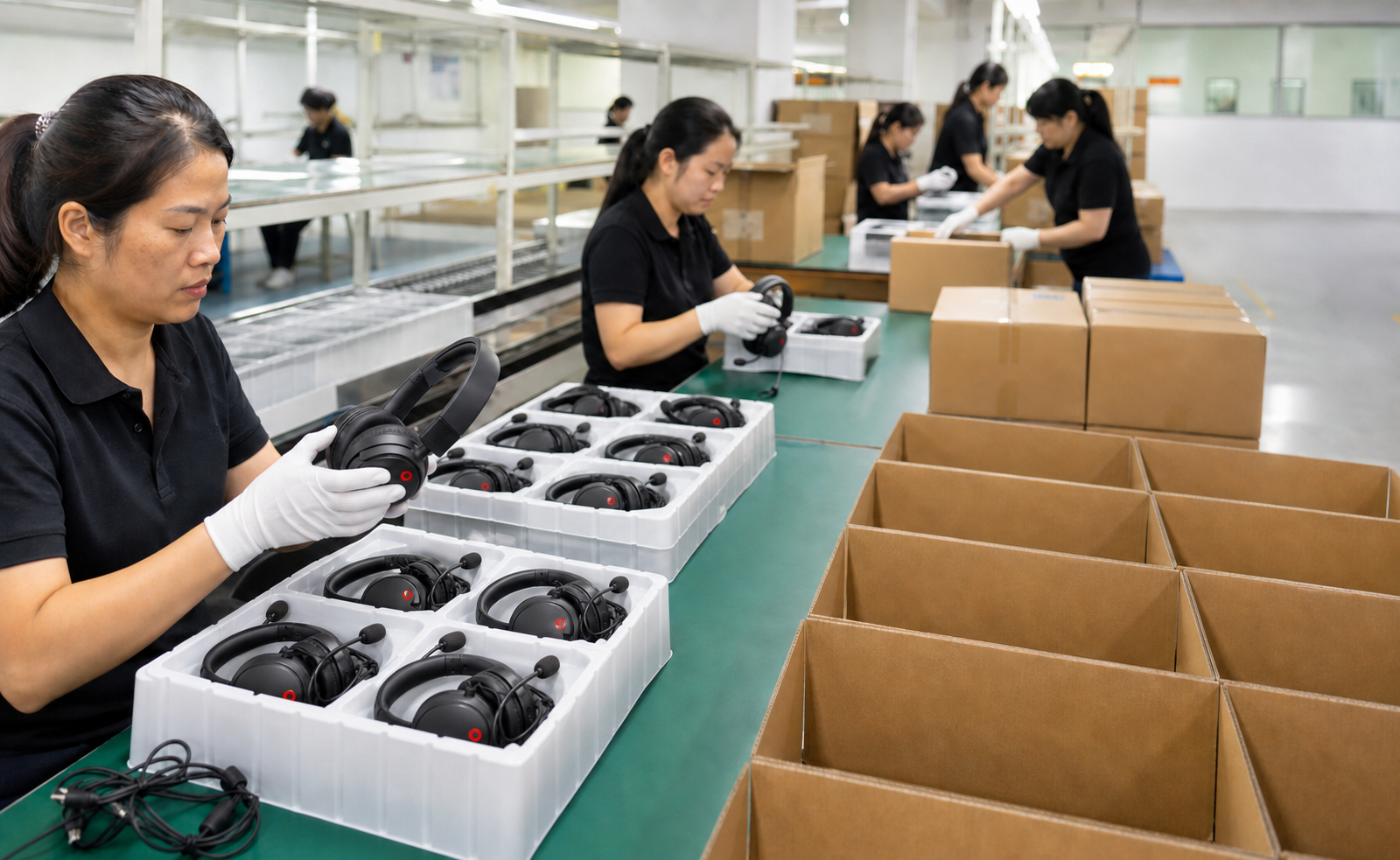 Final quality inspection and export packaging for gaming headsets