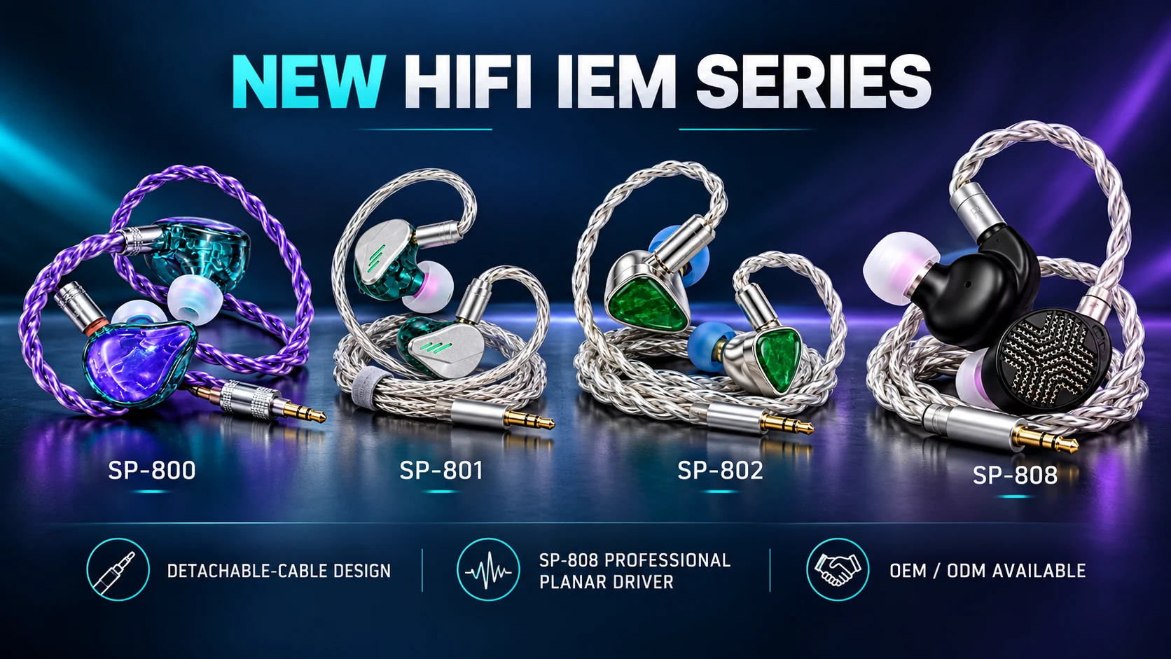 JRT Audio SP-800 SP-801 SP-802 and SP-808 detachable-cable HiFi IEM OEM series; SP-808 uses a professional planar driver