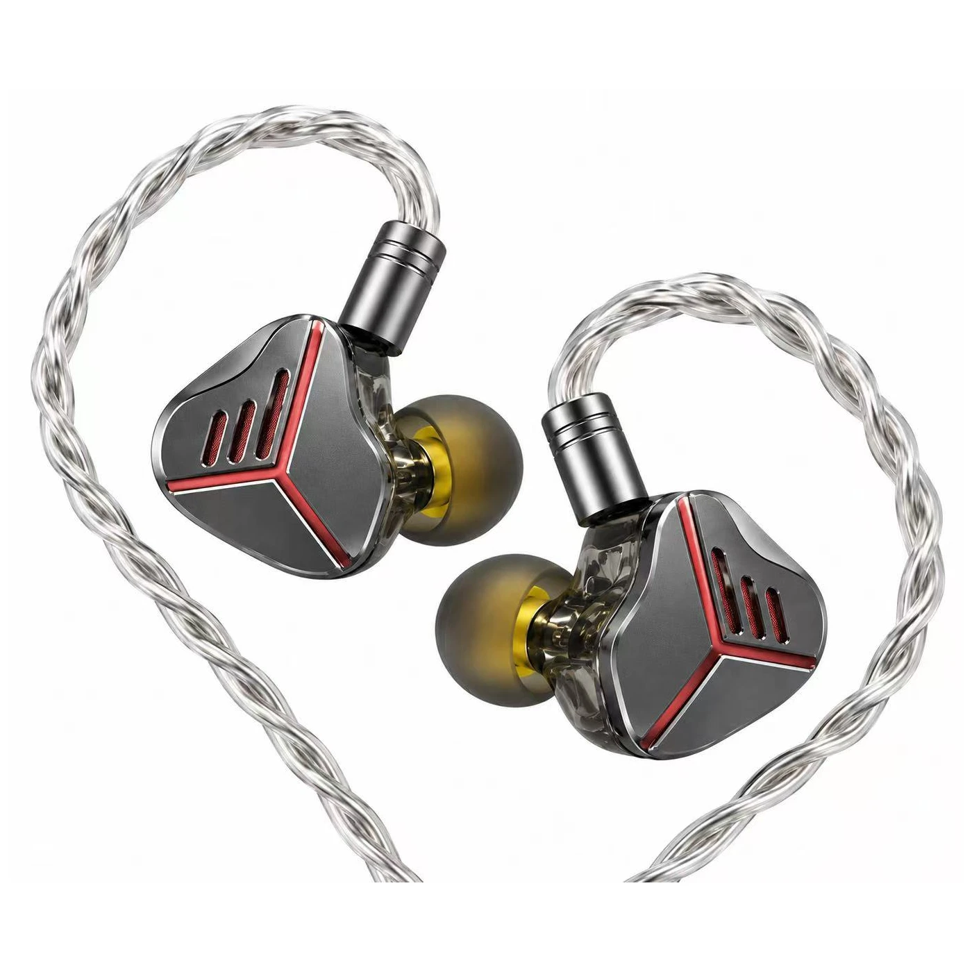 SP-803 detachable-cable private-label HiFi IEM with dark metal and red-accent faceplate